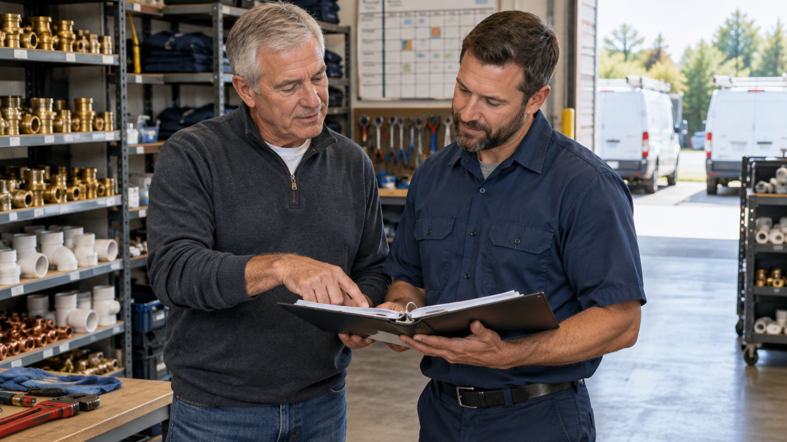 Plumbing business owner mentoring a trusted technician for future leadership in an active service warehouse.